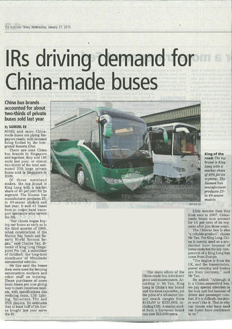 Faits saillants du bus Kinglong sur le marché et les médias singapouriens